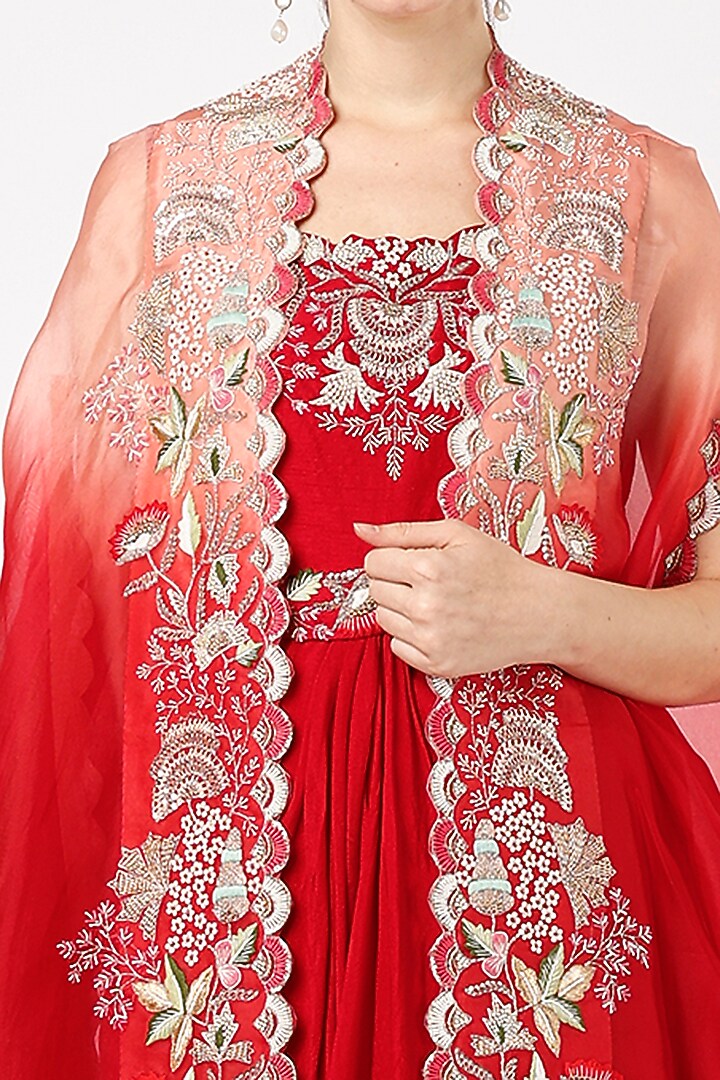 Red Silk Wedding Anarkali With Ombre Cape by Ojasvini at Pernia's Pop Up Shop